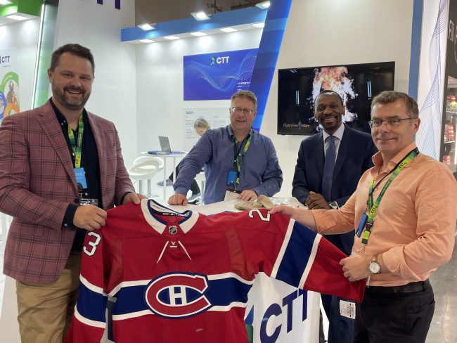 ITMA 2023 a huge success for Canadian mission (L-R): Mathieu St-Arnaud Lavoie, Executive Director, mmode; Dany Charest, GM, TechniTextile Québec; Ralph Maloumby Baka, Research and Innovation Attaché of Government of Quebec in Italy; and Valerio Izquierdo, VP, Business Development and Partnerships, CTT Group